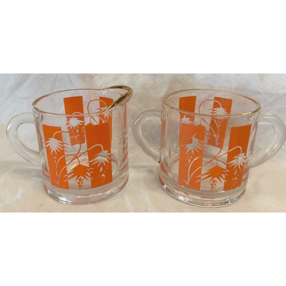 Vintage Creamer Sugar Set Orange White Floral Gold Trim Retro MCM Glassware Mod
